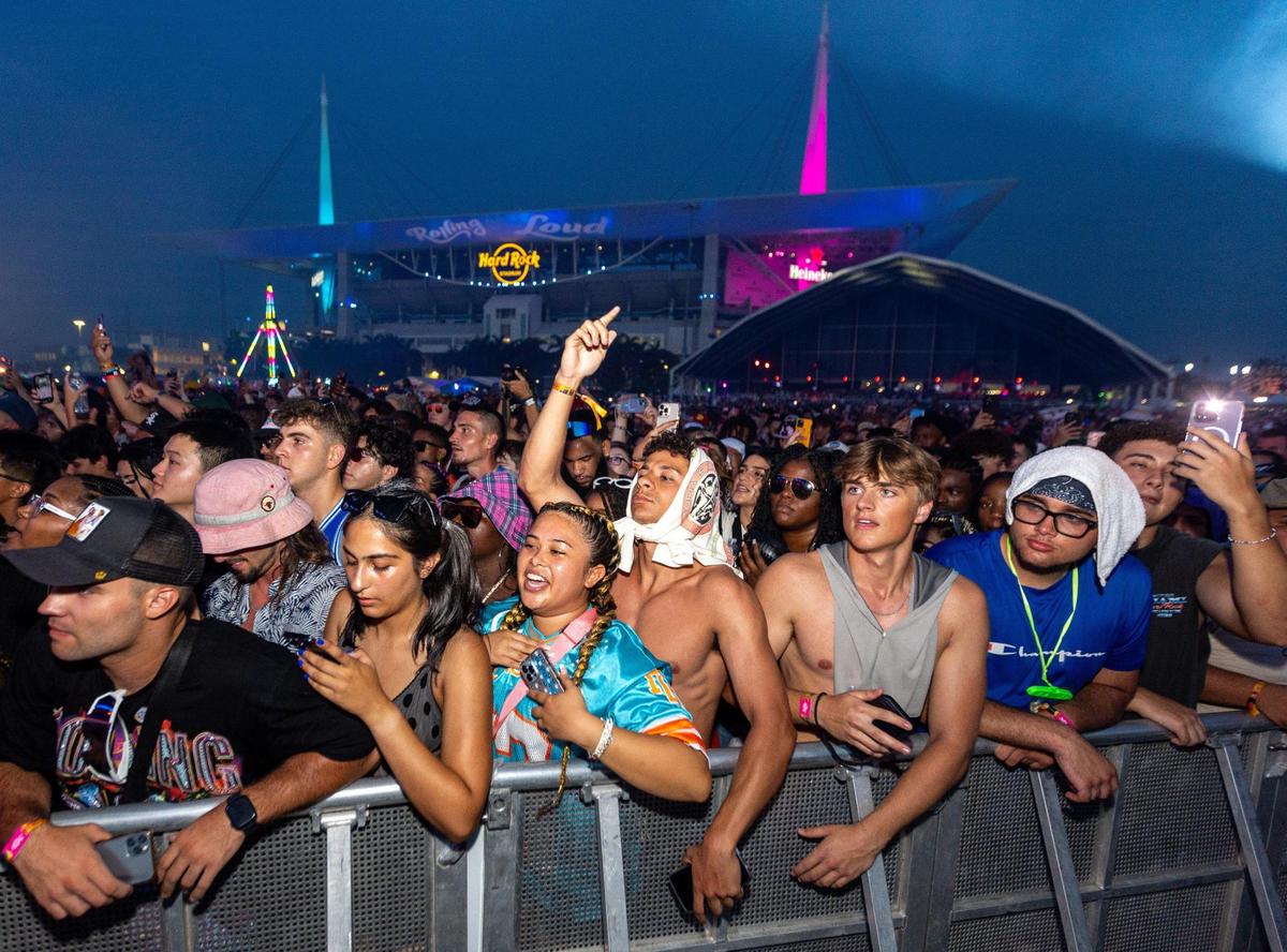 Attendees react to the music during day two of Rolling Loud Miami 2023 at Hard Rock Stadium in Miami Gardens, Florida, on Saturday, July 22, 2023.