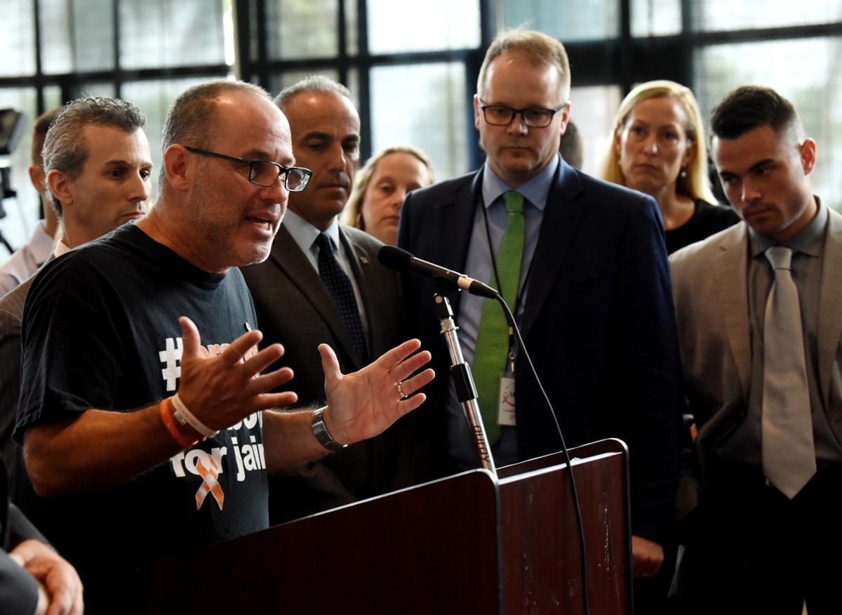 Fred Guttenberg, whose daughter Jaime was a victim of the MSD shooting, speaks during a press conference Thursday in Sunrise.