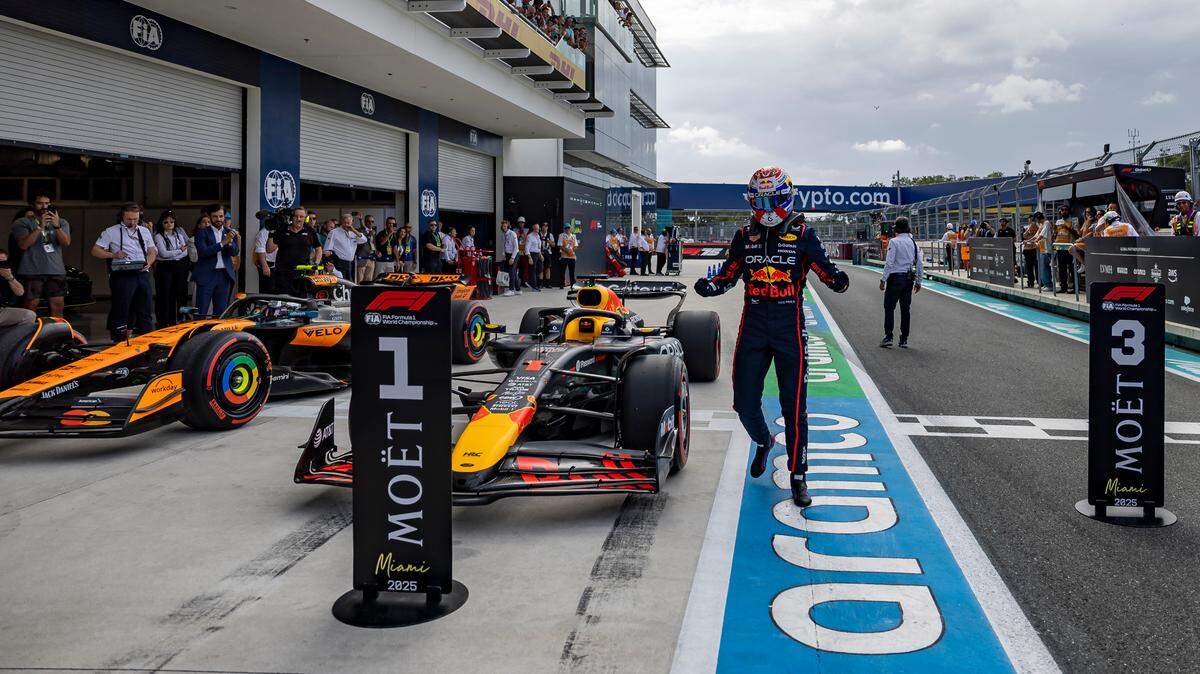Red Bull Racing driver Max Verstappen of Netherlands reacts after placing first during a Race Qualifying session on the second day of the Formula One Miami Grand Prix at the Miami International Autodrome on Saturday, May 3, 2025, in Miami Gardens, Fla.