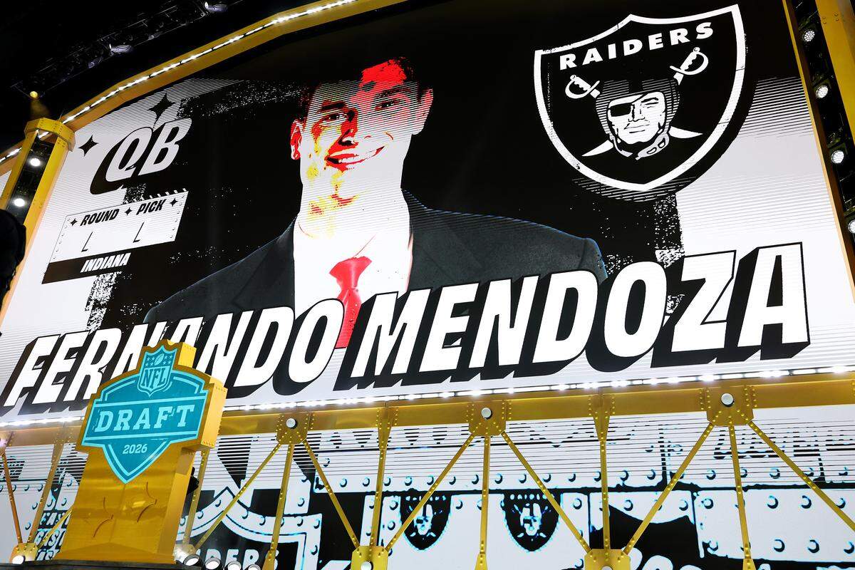 A detailed view of the stage showing a still of Fernando Mendoza of the Indiana on screen after being selected first overall pick by the Las Vegas Raiders during Round One of the 2026 NFL Draft at Acrisure Stadium on April 23, 2026 in Pittsburgh, Pennsylvania.  