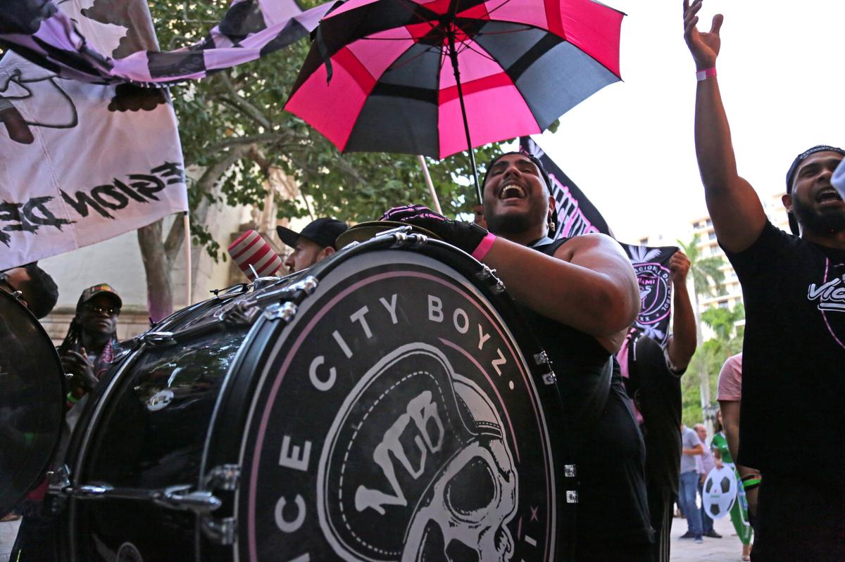 Inter Miami CF supporters celebrate during the 2019 MLS Expansion Draft watch party at the team headquarters in Coral Gables, Florida, on Tuesday, November 19, 2019.