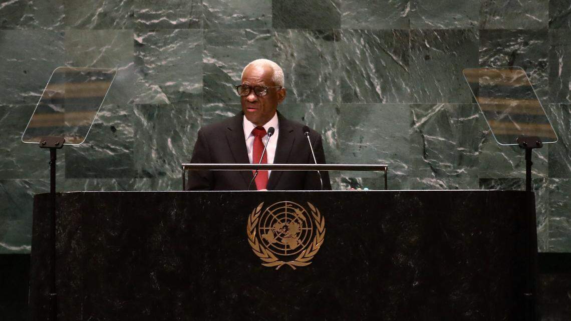 Haitian presidential council head Edgard Leblanc Fils speaks during at United Nations General Assembly in New York City on Sept. 26, 2024. (Photo by Leonardo Munoz / AFP) (Photo by LEONARDO MUNOZ/AFP via Getty Images)