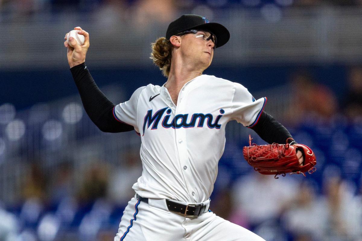 Miami Marlins pitcher Max Meyer (23) throws the ball during the first inning of an MLB game against the Cincinnati Reds at LoanDepot Park on Tuesday, August 6, 2024, in Miami, Fla.
