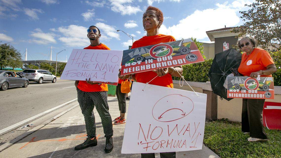Florence Strong of Miami Gardens and others protest against Formula One racing outside Hard Rock Stadium in Miami Gardens on Sunday, December 1, 2019. On Feb. 19, 2020, Miami-Dade commissioners failed to pass legislation designed to give Miami-Dade authority over whether to hold the race.