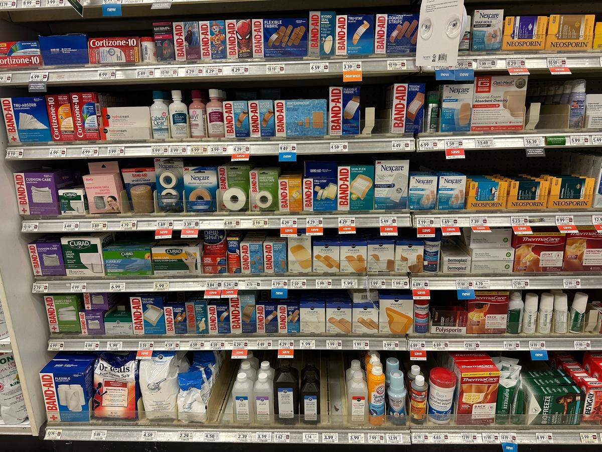 The bandages and first aid supplies shelves at Publix at Palms at Town and Country Mall on May 19, 2025.