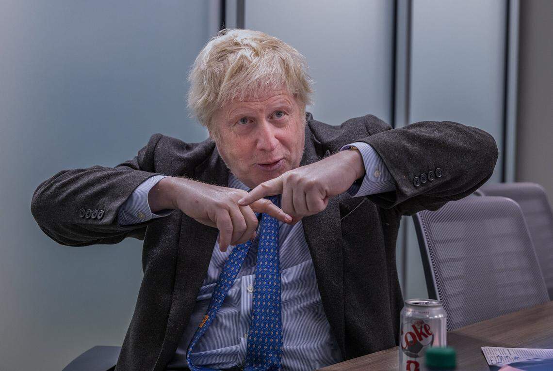 Former Great Britain Boris Johnson talks with Miami Herald reporter Claire Heddles at the College of Arts and Sciences, about his tenure at the University of Miami as a Provost's Visiting Lecturer and Distinguished Arts & Sciences Scholar, for the Spring 2022, on Wednesday, April 22, 2026.
