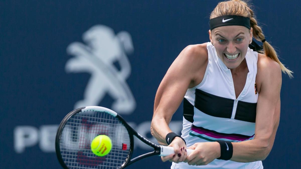 Petra Kvitova, of Czech Republic, returns a shot against Donna Vekic, of Croatia, during their match at the Miami Open tennis tournament on Saturday, March 23, 2019 at Hard Rock Stadium in Miami Gardens.