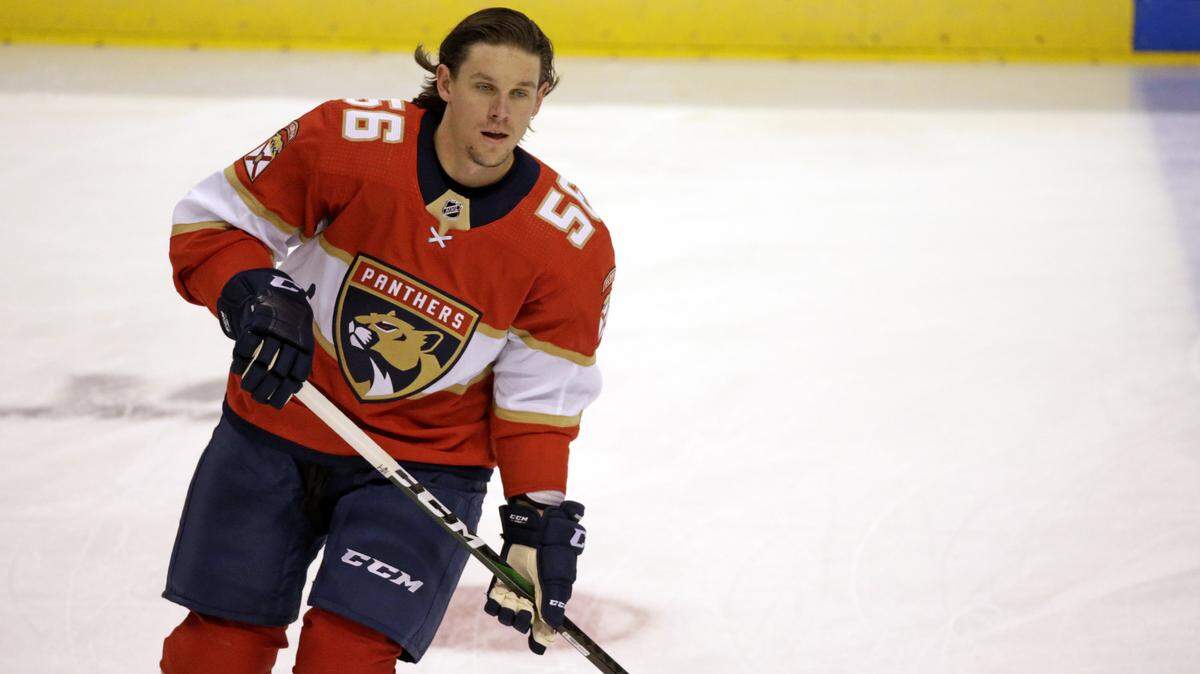 Florida Panthers left wing Erik Haula (56) skates during warmups before the start of an NHL regular season hockey game against the Toronto Maple Leafss at the BB&T Center on Thursday, February 27, 2020 in Sunrise.