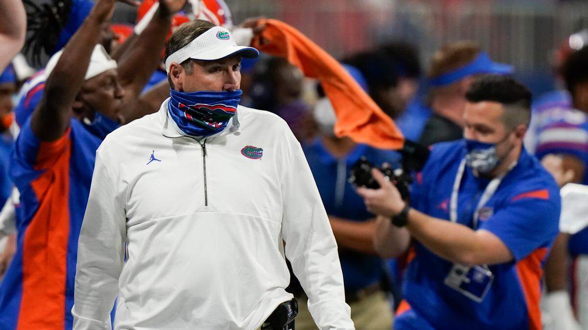 Florida head coach Dan Mullen speaks during the first half of the Southeastern Conference championship NCAA college football game between Florida and Alabama, Saturday, Dec. 19, 2020, in Atlanta.