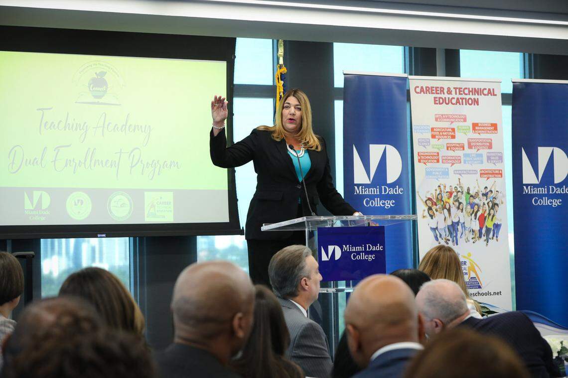 Madeline Pumariega, the president of Miami Dade College, thanks principals, teachers and administrators for attending the launch of the Teaching Academy Dual Enrollment Program, a potential solution to the teacher shortage in South Florida, on the college’s Eduardo J. Padrón Campus in Little Havana on Tuesday, June 13, 2023.