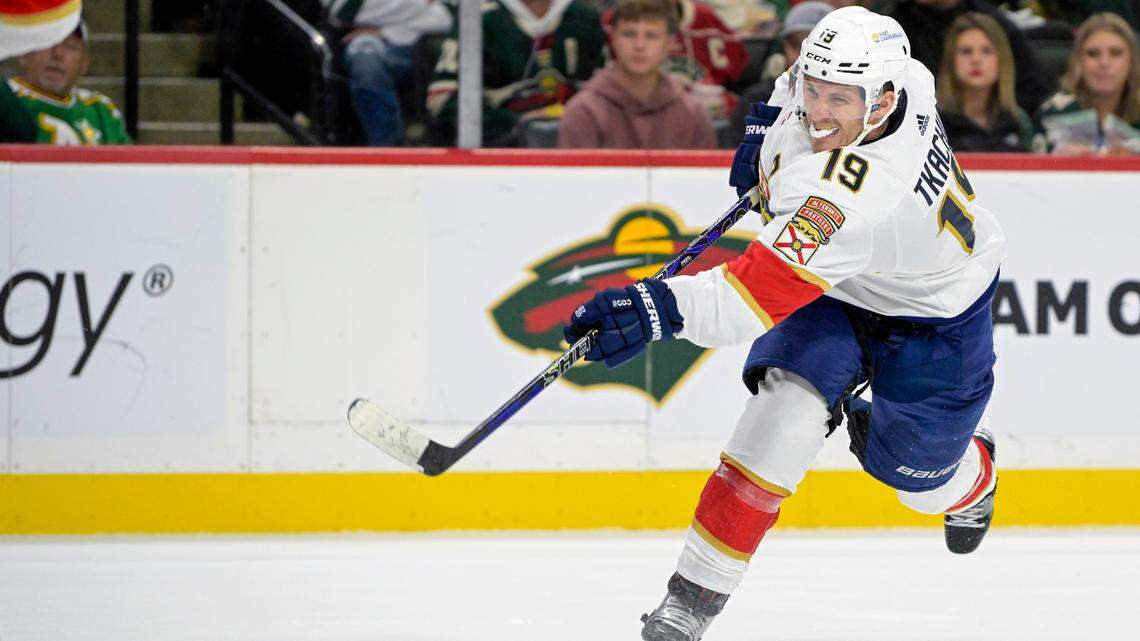 Oct 12, 2023; Saint Paul, Minnesota, USA; Florida Panthers forward Matthew Tkachuk (19) takes a shot on goal against the Minnesota Wild during the third period at Xcel Energy Center.