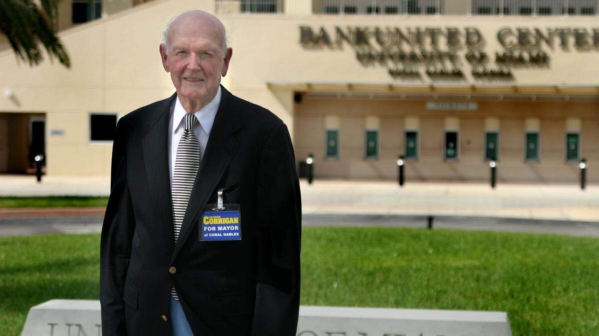 George Corrigan, then 79, stands in front of the Bank United Center at the University of Miami in Coral Gables in 2007. Corrigan was the Mayor of Coral Gables for three terms from 1987 to 1993. He was also a chairman of the Bank of Coral Gables and a vice president of the former Burdines.