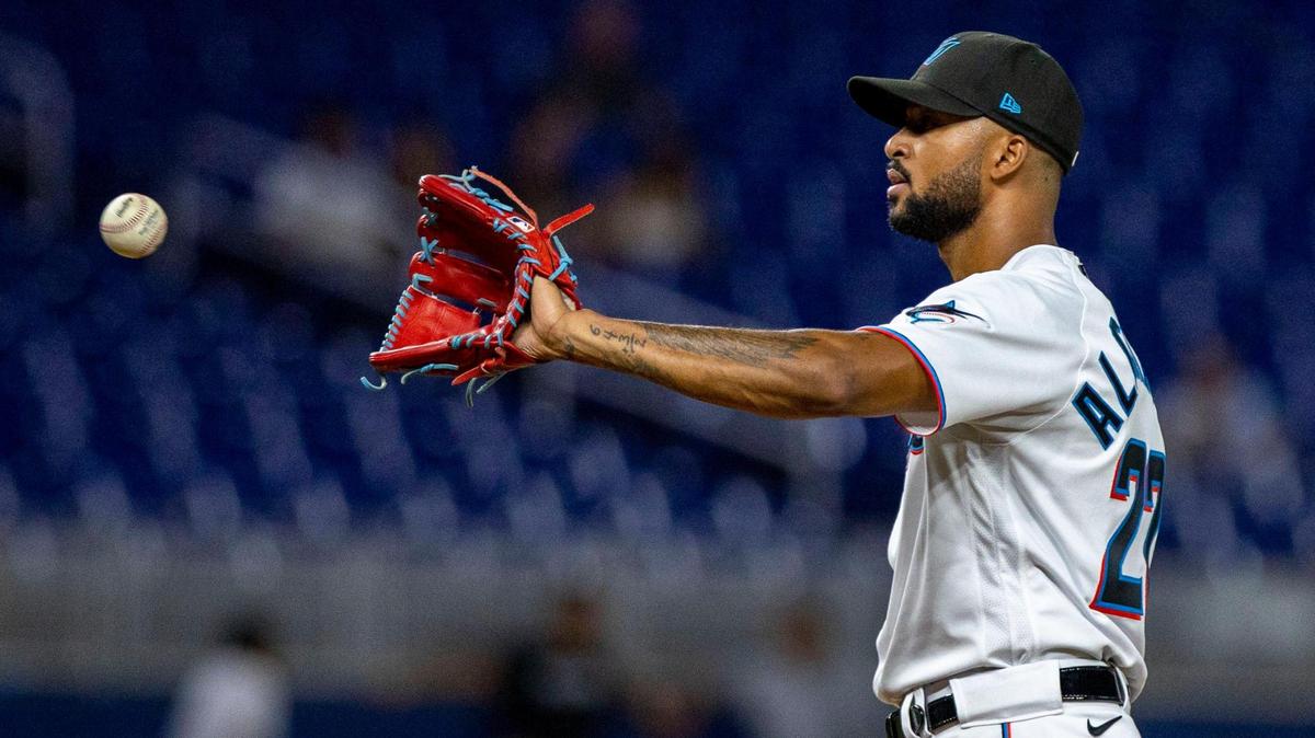 Miami Marlins pitcher Sandy Alcantara (22) ctaches the ball during the fourth inning of an MLB game against the Philadelphia Phillies at loanDepot park in the Little Havana neighborhood of Miami, Florida, on Tuesday, September 13, 2022.