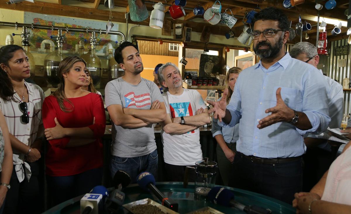 Zia Khan, vice president of innovation at the Rockefeller Foundation, far right, joined Lin-Manuel Miranda and his father, Luis Miranda, Jr., and Puerto Rico’s first lady Beatriz Roselló for a walking tour and coffee tasting to support  the island’s coffee industry after Hurricane Maria. The tour was part of an announcement of support by Rockefeller, Nespresso, Starbucks, the Hispanic Federation and TechnoServe.