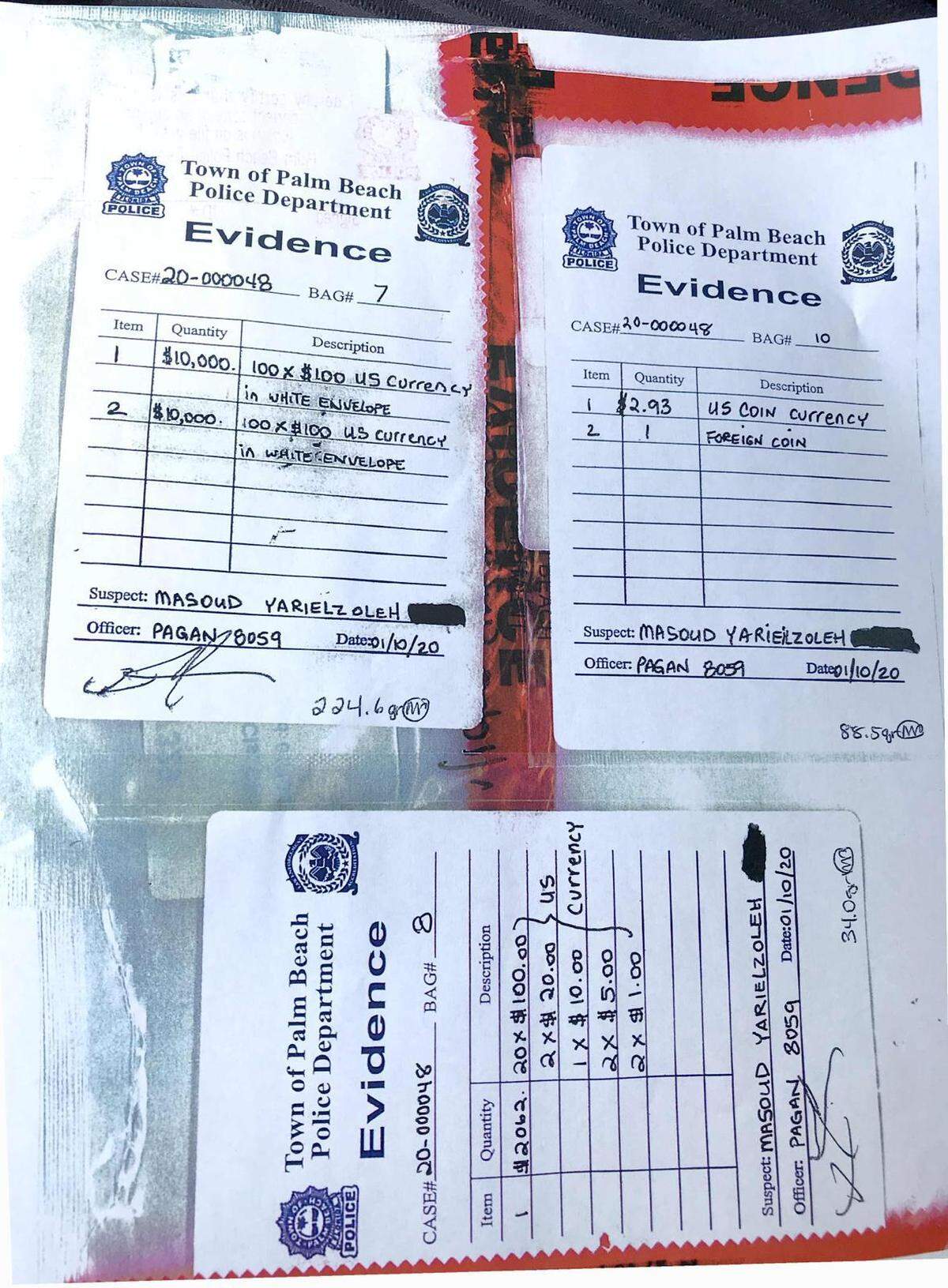 Evidence bags of the cash police say was confiscated from Masouh Yarieilzoleh