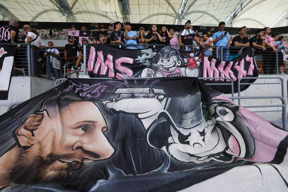 Inter Miami CF fans watch the team practice from the stands at Nu Stadium at Miami Freedom Park on Thursday, April 2, 2026, in Miami.