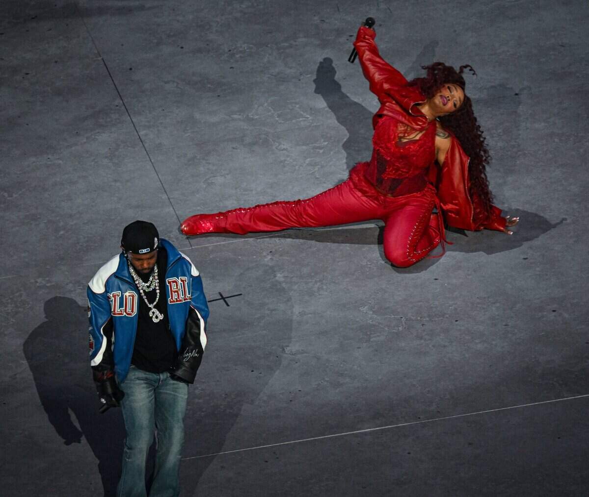 Kendrick Lamar performs with SZA in the halftime show during Super Bowl LIX on Sunday, Feb. 9, 2025, in New Orleans.
