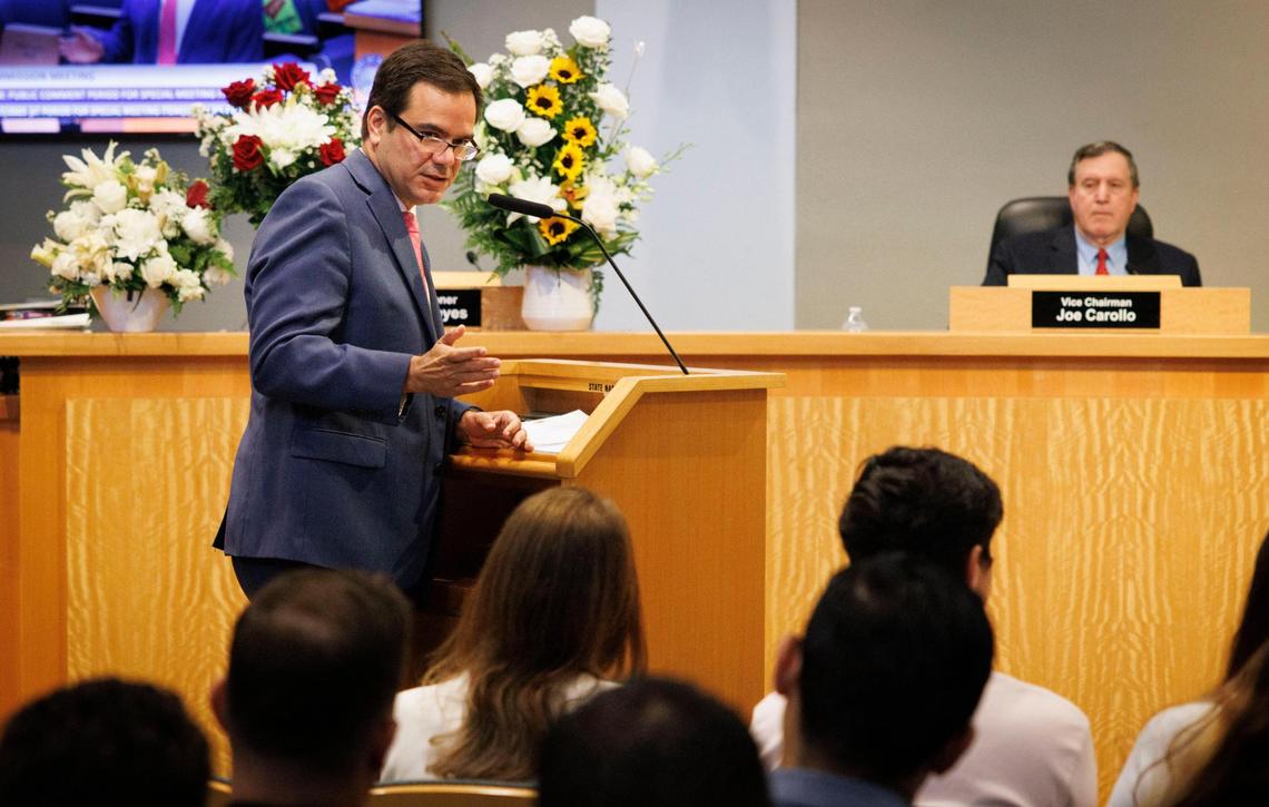 Ralph Rosado speaks during a special meeting to decide how to fill the seat vacancy of Manolo Reyes on Thursday, April 17, 2025, at Miami City Hall in Coconut Grove. Rosado confirmed after the meeting that he plans to file for the special election next week.