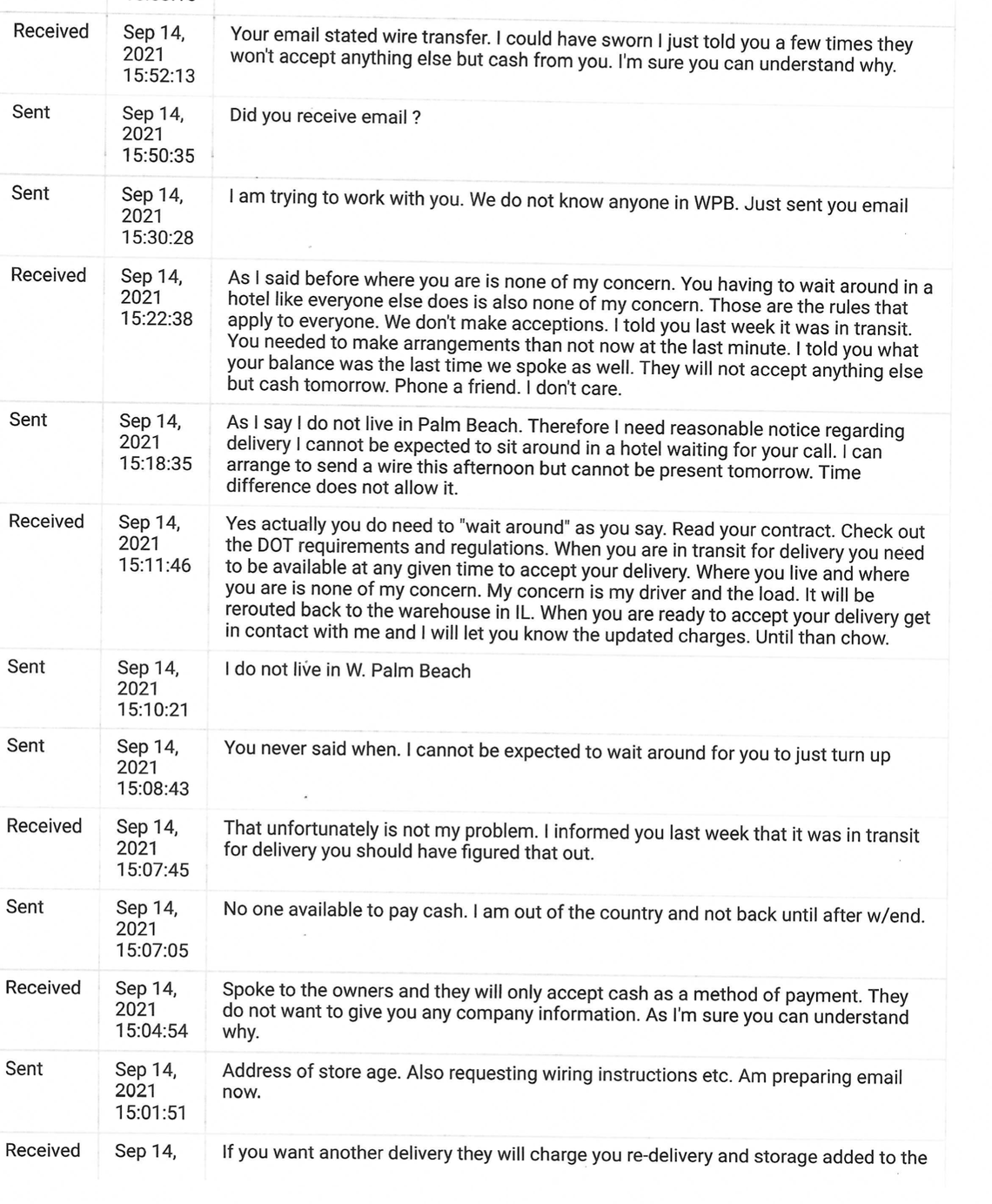 Norman Texts with Tova Silber regarding delivery & cash only payment.