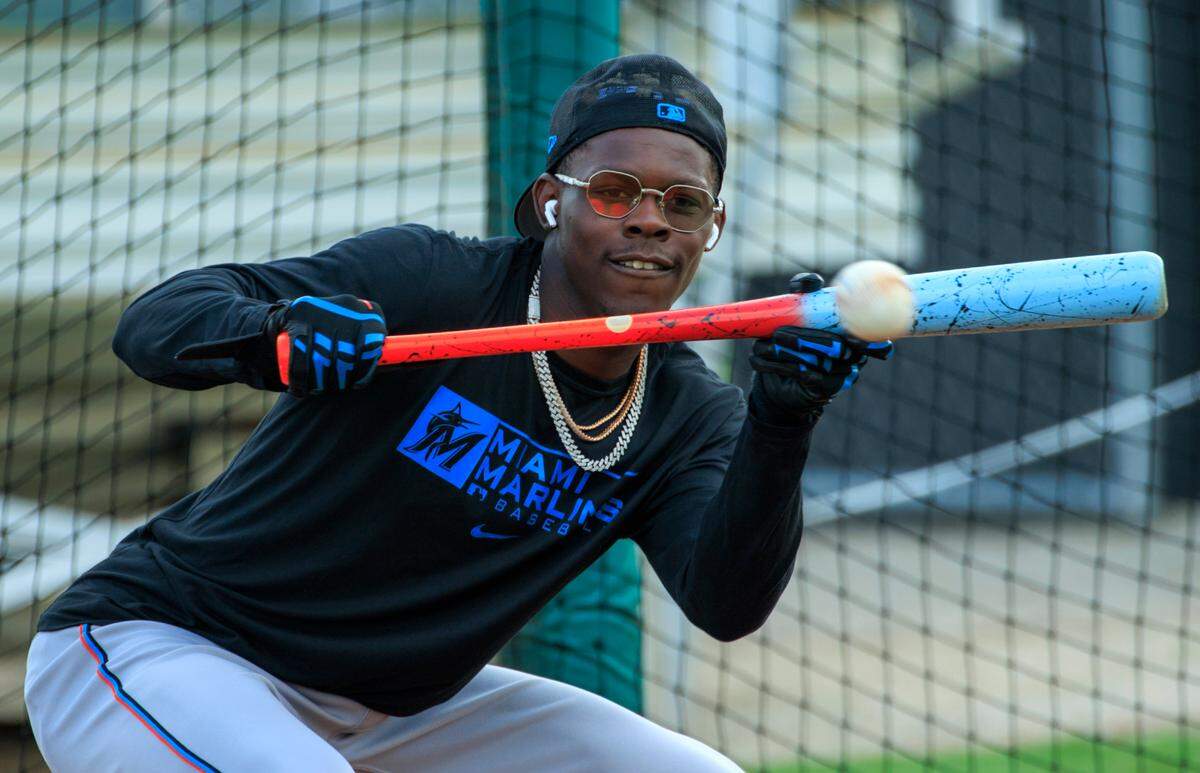 Miami Marlins second baseman Jazz Chisholm runs drills during their spring training workout at Roger Dean Stadium on Thursday, March 17, 2022 in Jupiter, FL.