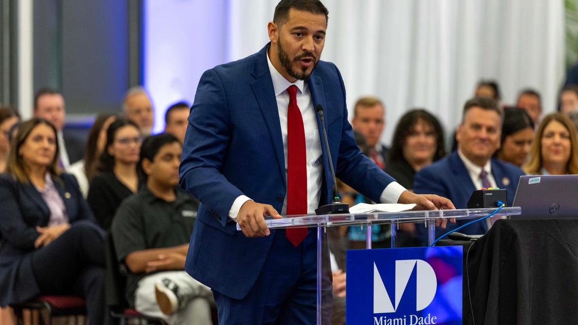 Anastasios “Stasi” Kamoutsas reacts to being selected as the next commissioner of education during a Florida State Board of Education meeting at Miami Dade College Wolfson Campus park on Wednesday, June 4, 2025, in Miami, Fla.