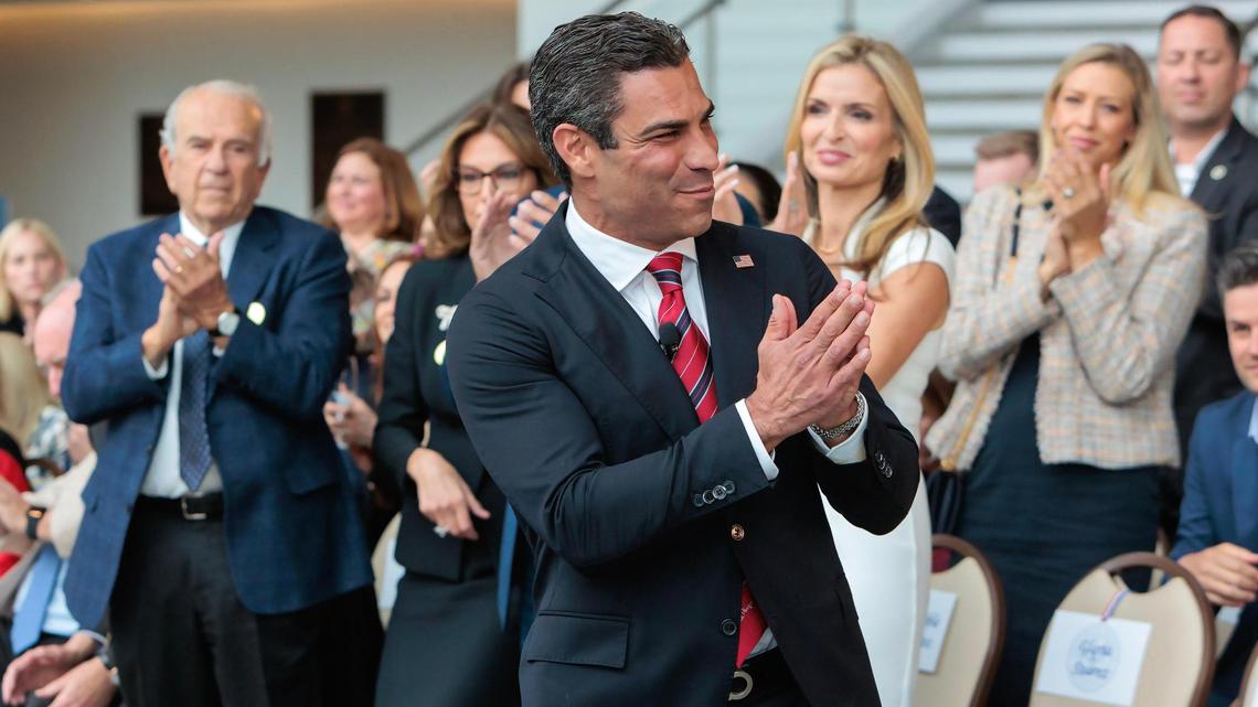 Miami Mayor Francis Suarez salutes the audience as he is called to the podium before his first speech as a candidate for the 2024 Republican presidential nomination at the Ronald Reagan Presidential Library in Simi Valley, California, on Thursday, June 15, 2023.