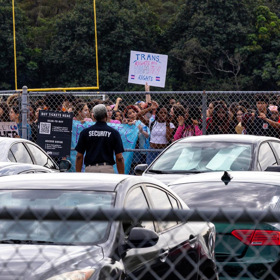 Monarch High School students conduct a walkout on Tuesday, Nov. 28, 2023, after the principal, James Cecil, and other staff members were removed from their positions pending an investigation. The reassignments occurred because a transgender student had been playing volleyball at the school in Coconut Creek, Florida.
