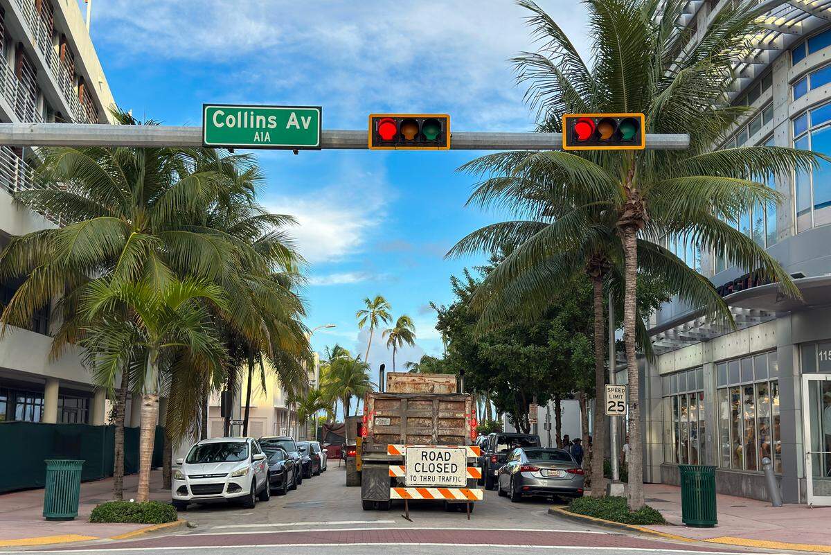 Part of 12th Street is closed after workers remove part of the rainbow sidewalk at the intersection of Ocean Drive and 12th Street in Miami Beach on Sunday, Oct. 5, 2025.