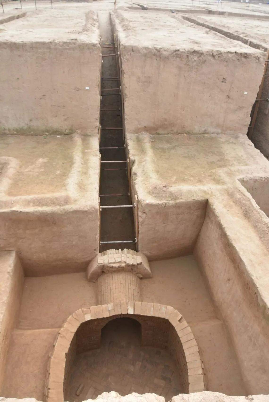 A panoramic view of the brick chamber tomb.