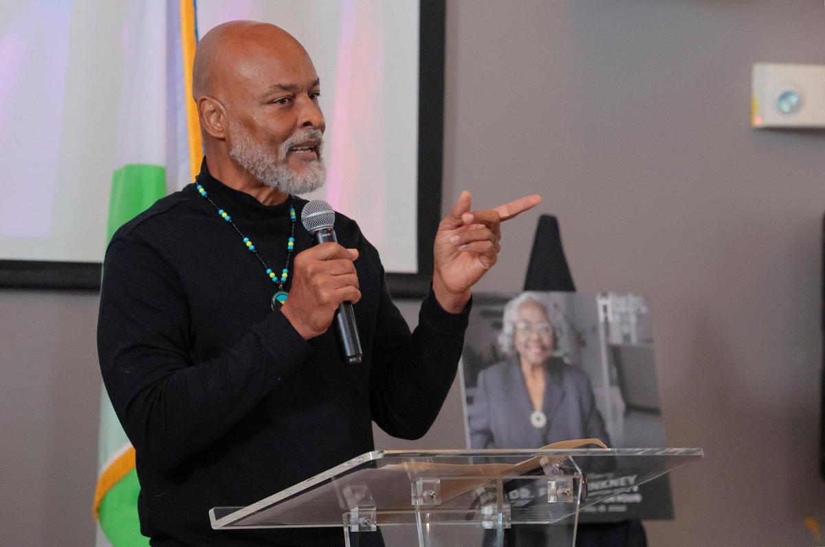 Gary Allen, speaks during the street naming ceremony for his aunt Dr. Enid Curtis-Pinkney, a historian of Black Miami, at the Hampton House in Miami, Florida, on Friday, November 22, 2024.