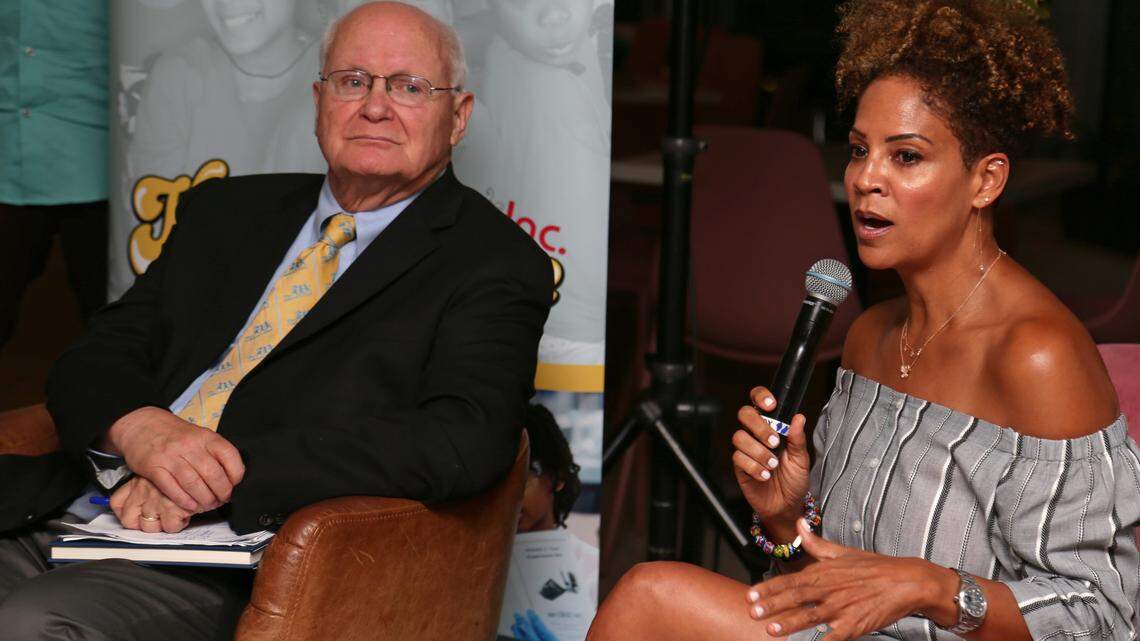 Panel members Tracy Wilson Mourning, founder of the Honey Shine Mentoring Program and David Lawrence Jr., chair of The Children’s Movement of Florida, participate in a panel on possible solutions to raising kids healthy in South Florida at St. Roch Market Miami in the Design District, on Tuesday, September 10, 2019.