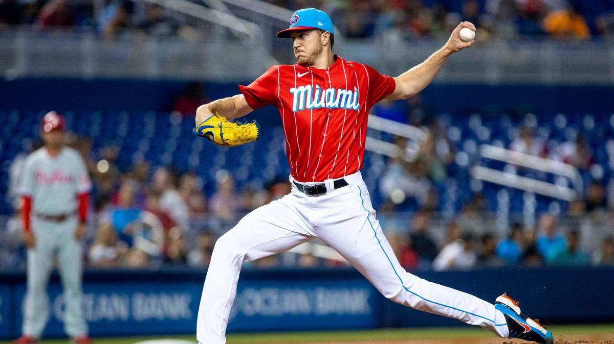 Miami Marlins pitcher Trevor Rogers (28) pitches the ball during the first inning of an MLB game against the Philadelphia Phillies at loanDepot park in the Little Havana neighborhood of Miami, Florida, on Saturday, September 4, 2021