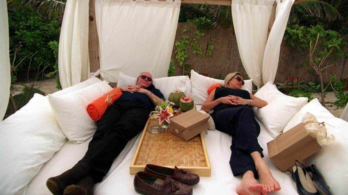 In 2001, Don DiPrima and Barbara Di Prima, owners of Di Prima Casting, lounge in one of the cabanas at Nikki Beach Ckub in Miami Beach during a party.
