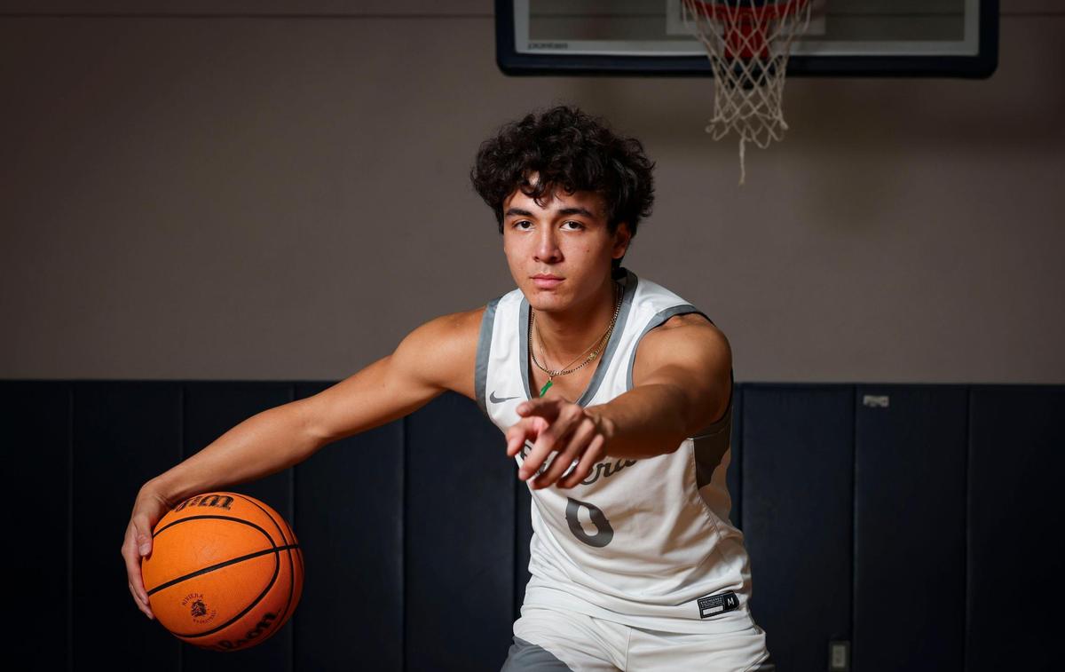 Myles Fuentes, from Riviera Prep, poses during a photo shoot for Miami-Dade basketball players of the year on Tuesday, April 8, 2025, at Riviera Schools Preparatory School Campus in Miami, Fla.