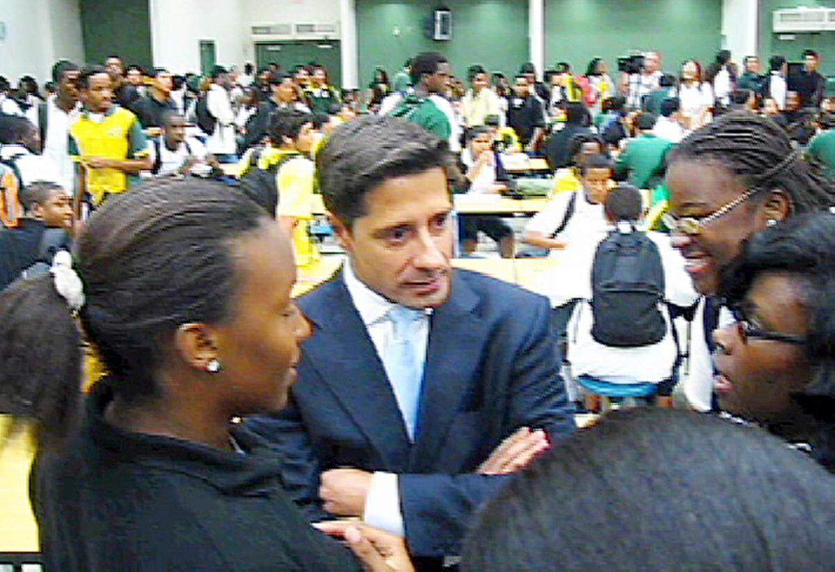 On the day after he was named superintendent on Sept. 10, 2008, Alberto Carvalho talks to students at Miami Jackson Senior High School, 1751 NW 36th St., the school where he started his career as a science teacher.