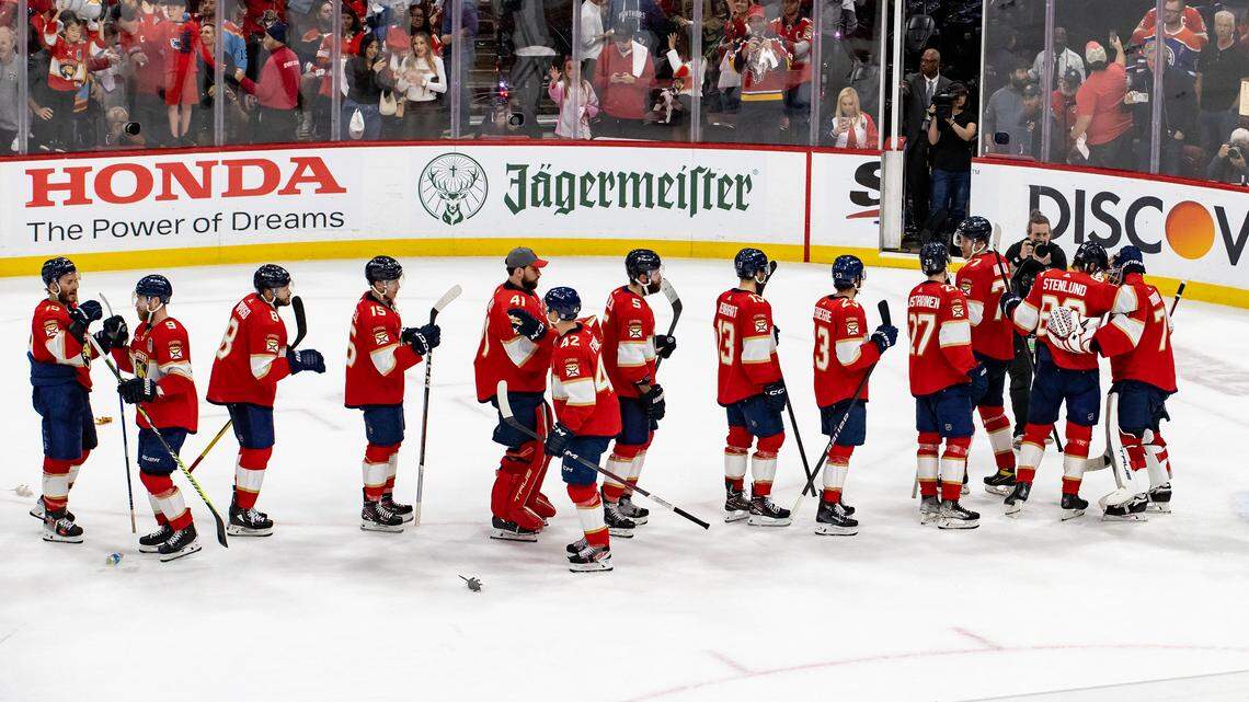 Florida Panthers goaltender Sergei Bobrovsky (72) celebrates with teammates after their 4-1 win over the Edmonton Oilers during Game 2 of the NHL Stanley Cup Final at the Amerant Bank Arena on Monday, June 10, 2024, in Sunrise, Fla.