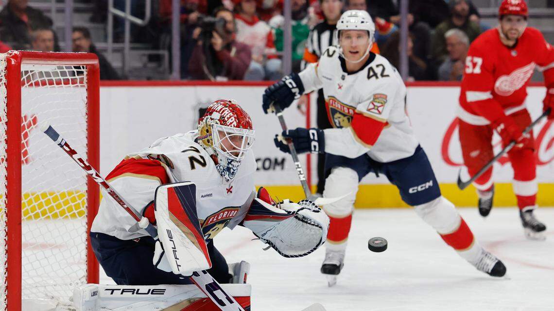 Nov 2, 2023; Detroit, Michigan, USA; Florida Panthers goaltender Sergei Bobrovsky (72) makes a save in the second period against the Detroit Red Wings at Little Caesars Arena. Mandatory Credit: Rick Osentoski-USA TODAY Sports