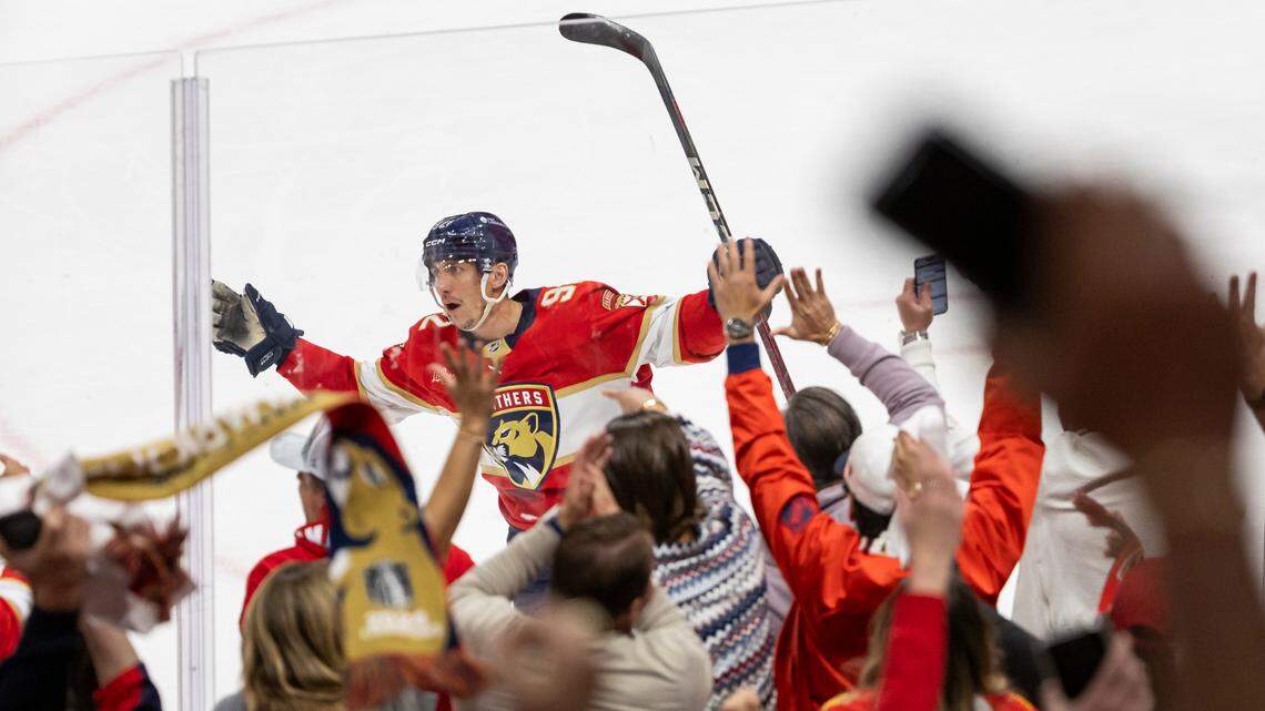 Florida Panthers left wing Tomas Nosek (92) celebrates after a goal against Toronto Maple Leafs goaltender Joseph Woll (60) in the second period of Game 3 of a second-round Stanley Cup playoffs series at the Amerant Bank Arena on Friday, May 9, 2025, in Sunrise, Fla.