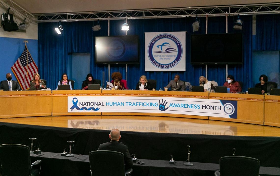 Candidate for Miami-Dade Public Schools Superintendent Jose Dotres, bottom-center, participates in a public interview at the school board’s headquarters in downtown Miami, Florida on Monday, January 24, 2022. Dotres, deputy superintendent of Collier County Public Schools, is one of three finalist applying for the position of superintendent.