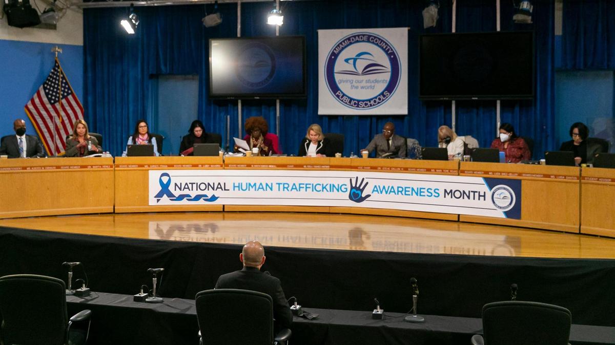 Candidate for Miami-Dade Public Schools Superintendent Jose Dotres, bottom-center, participates in a public interview at the school board’s headquarters in downtown Miami, Florida on Monday, January 24, 2022. Dotres, deputy superintendent of Collier County Public Schools, was selected as the new superintendent.