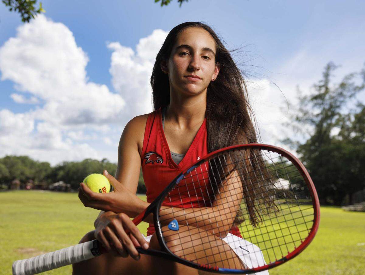 Payton Seidle-Lubowitz, sophomore tennis player at Doral Academy Preparatory School, during the Miami Herald's player of the year photoshoot on Wednesday, May 20, 2026, at AD Barnes Park in Miami, Fla.
