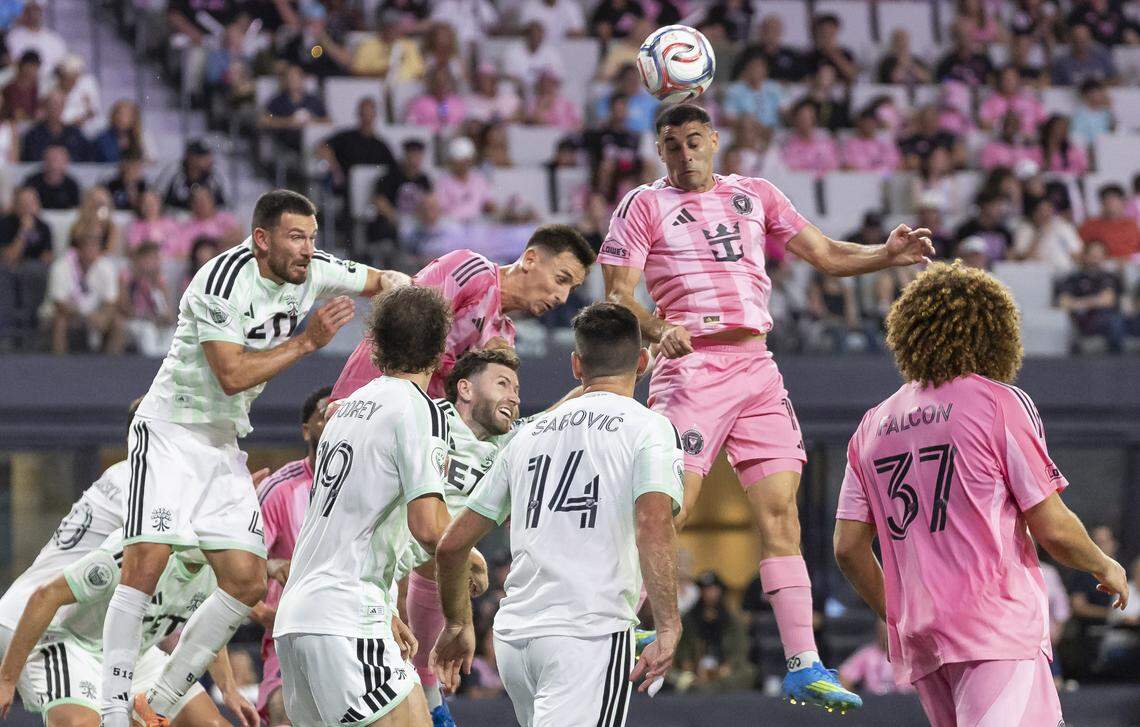 Inter Miami CF forward Germán Berterame (19) wins a header against Austin FC in the second half of their MLS match at Nu Stadium in Miami Freedom Park on Saturday, April 4, 2026, in Miami, Fla.