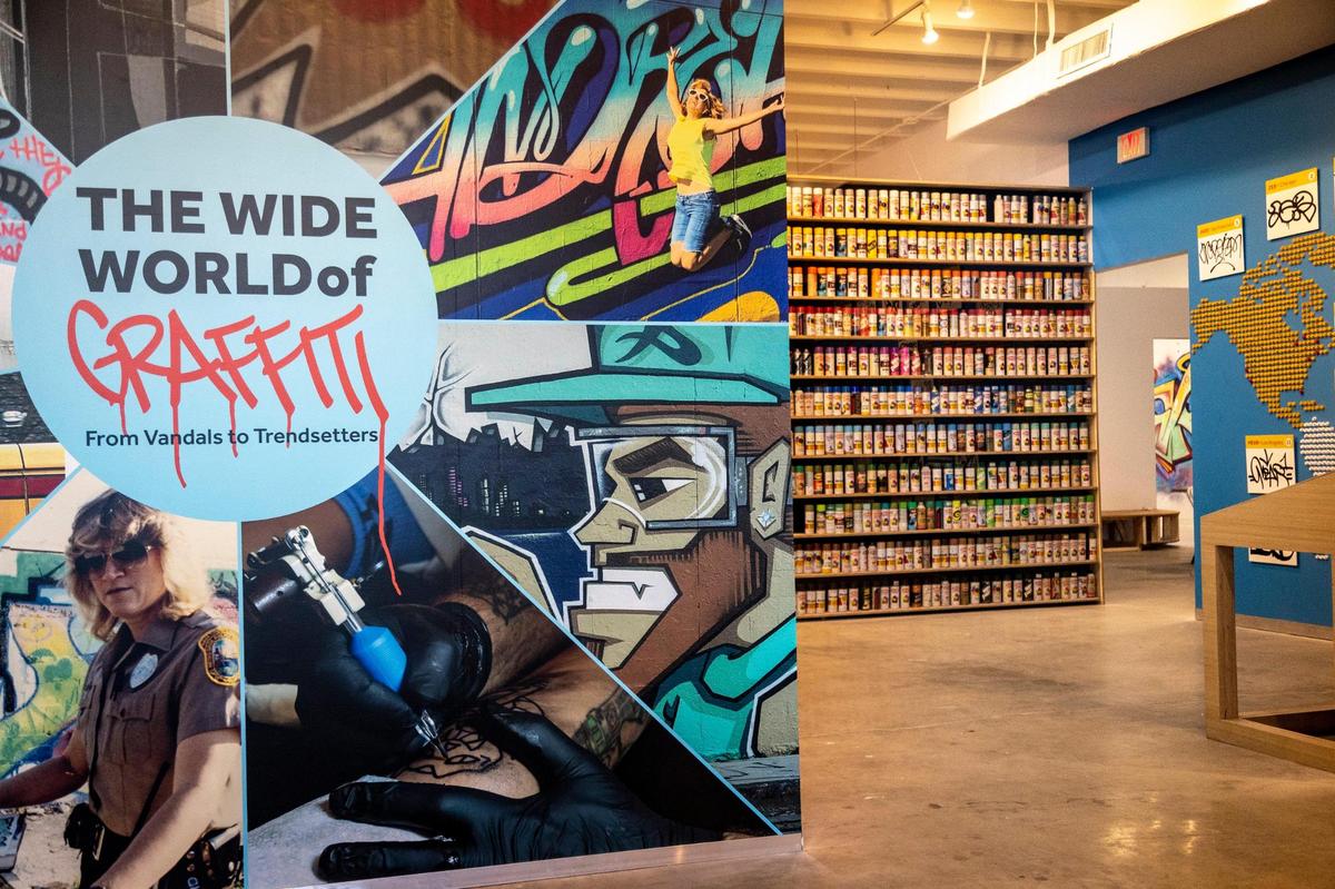 The entrance to the Museum of Graffiti in Wynwood (to the right is a wall of some of the original spray paints used by artists).
