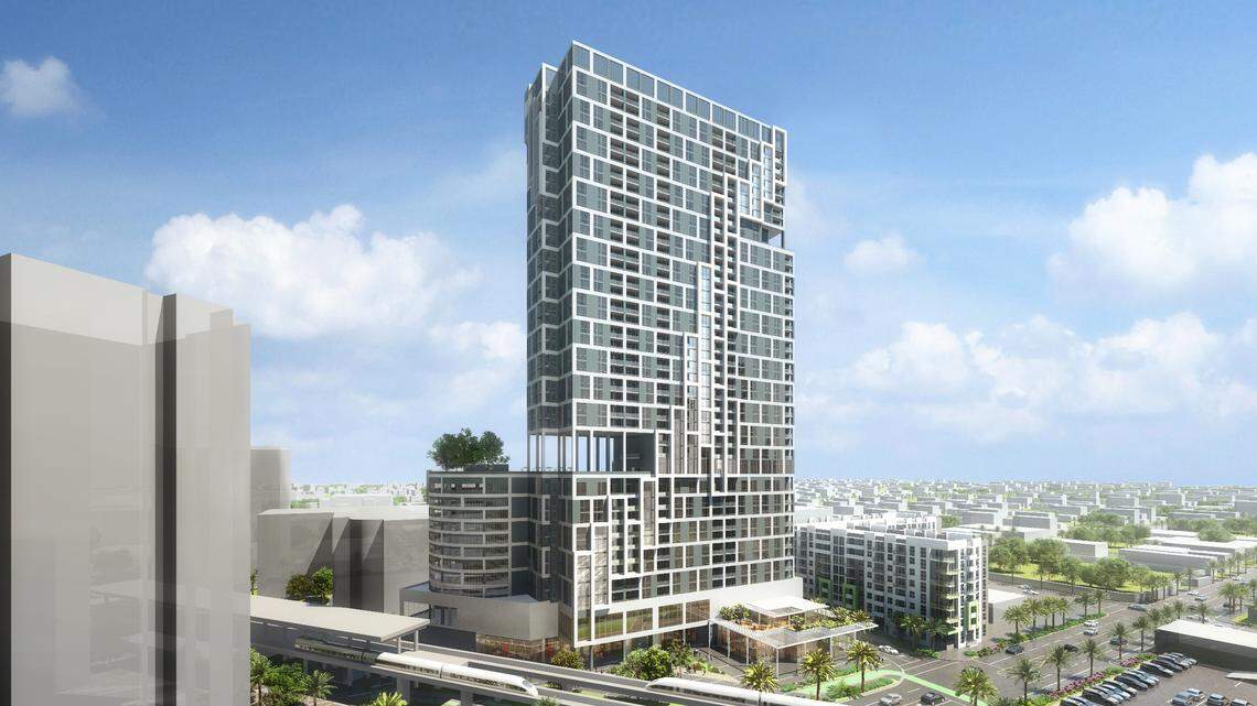 A 40-story residential skyscraper designed by Arquitectonica would rise at the Douglas Road Metrorail station as part of a redevelopment plan that also calls for four other towers at the site. At left, a gray building outline marks the site of a planned 22-story tower at the corner of Douglas and South Dixie Highway.