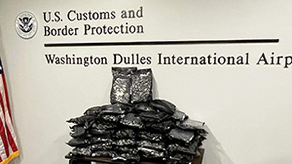 Customs officers at a Virginia airport discovered over 70 pounds of marijuana in London-bound suitcases, authorities said.