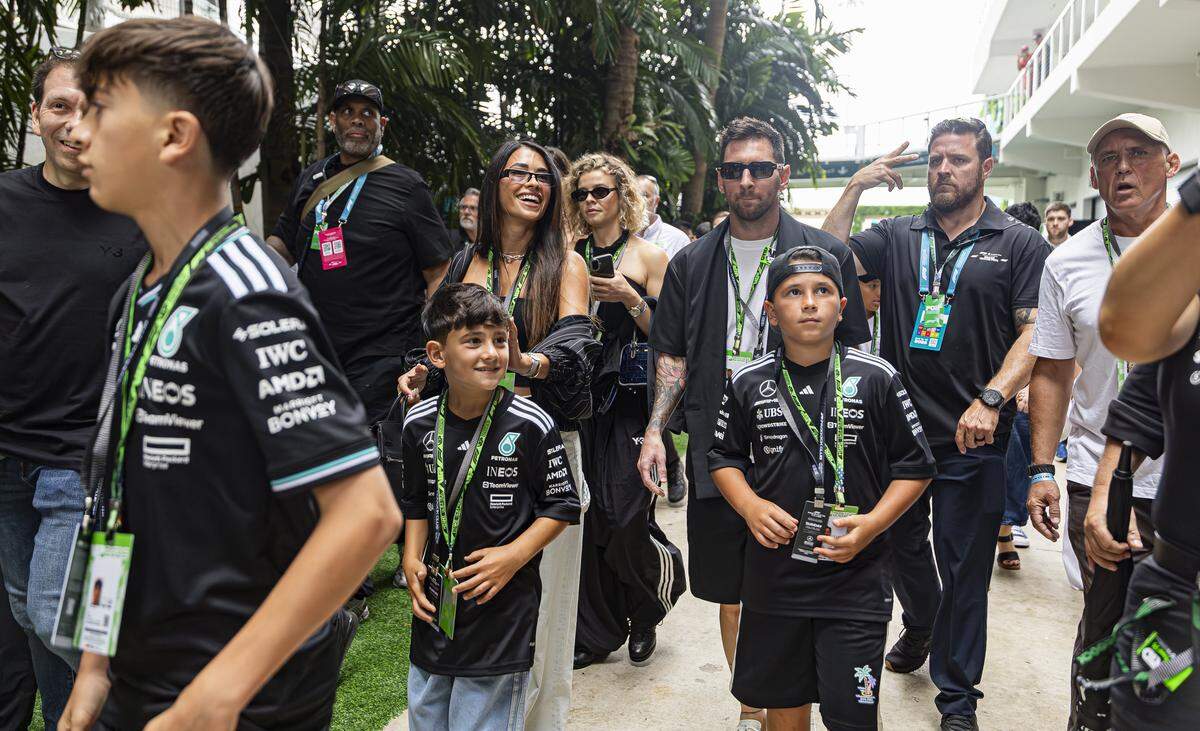 Inter Miami forward Lionel Messi (10) arrives to the paddock alongside his family ahead of the Formula 1 Crypto.com Miami Grand Prix 2026 at the Miami International Autodrome on Sunday, May 3, 2026, in Miami Gardens, Fla.