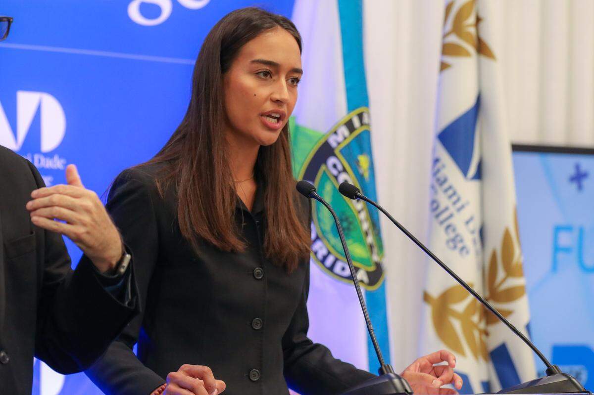 Camila Garcia-Llaurado, a second-year student at Miami Dade College pursuing an associate’s in biology and the student body vice president of Wolfson Campus, speaks about the Future Ready Scholarships at Wolfson Campus on October 30, 2023.