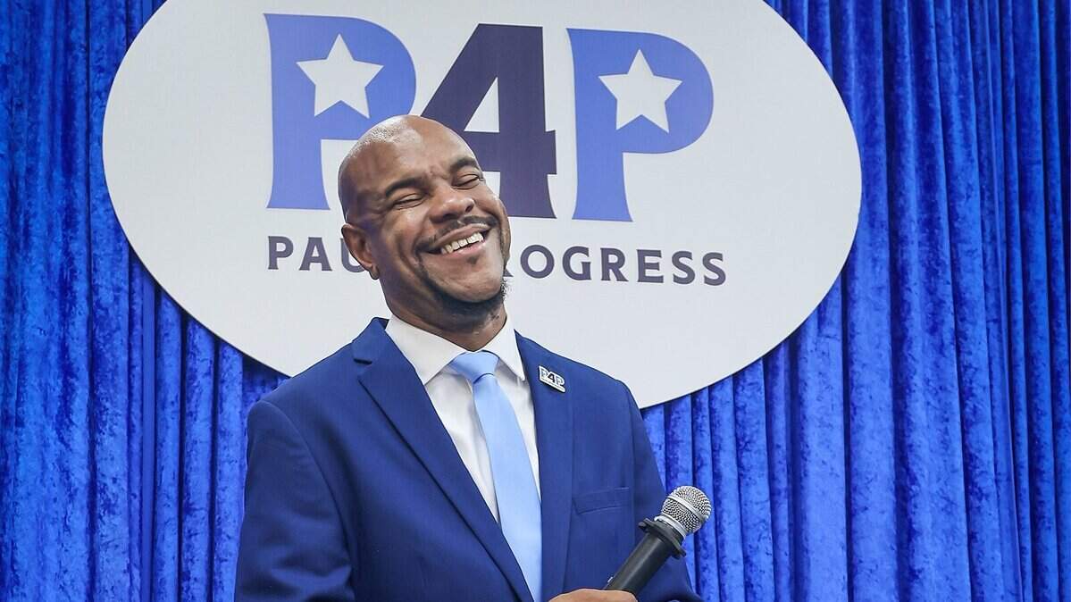 Paul Wilson smiles as he gives his remarks regarding his run for city council of Miami Gardens in a pack room of supporters, friends, and family members while he launched his bid to run for a council seat in Miami Gardens on Tuesday, February 10, 2026, at the event space Oasis in Miami Gardens, Florida.