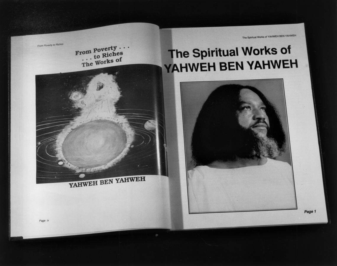 This two-page spread appeared in “The Spiritual Works of Yahweh Ben Yahweh,” with photo of the cult founder on the right.