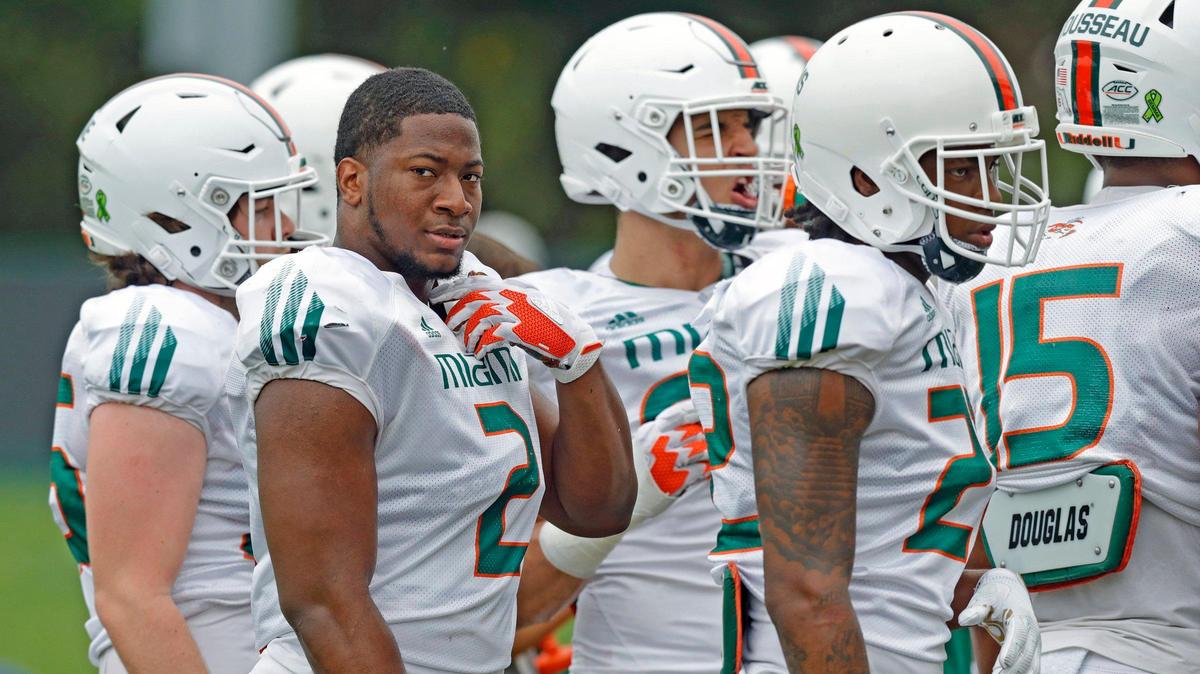 Miami Hurricanes defensive end Quincy Roche (2) looks on during practice drills at the University of Miami’s Greentree Field in Coral Gables on Friday, March 6, 2020.